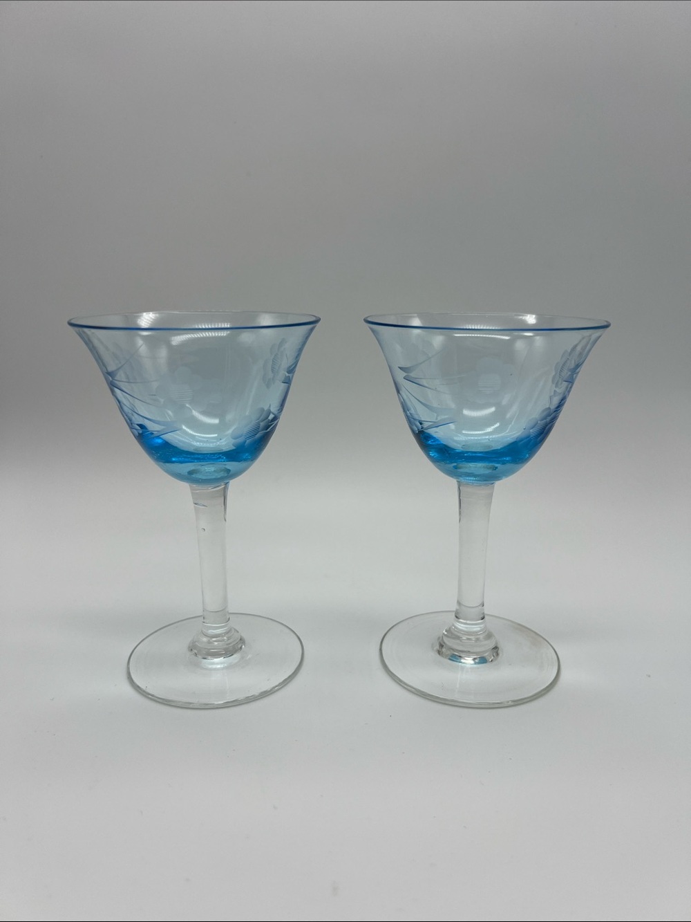 Blue Etched Stemmed Cocktail Cordial Aperitif Glasses - Set of 2